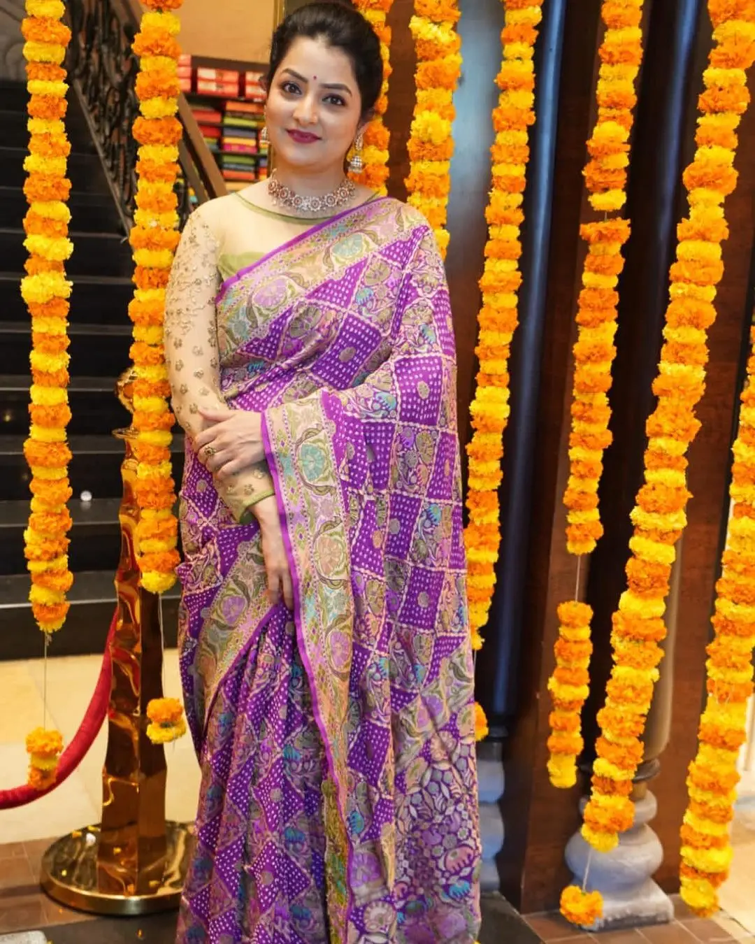 ETV Abhiruchi Madhuri Kandavalli Stills In Violet Saree Yellow Blouse